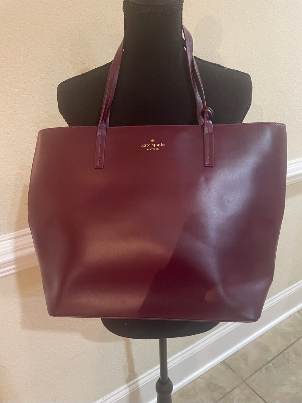 kate spade Burgundy Leather Shoulder Tote with Gold Logo